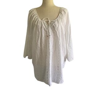 Chaps White Eyelet Peasant Blouse L Boho Cottagecore Tie Neck Feminine Top